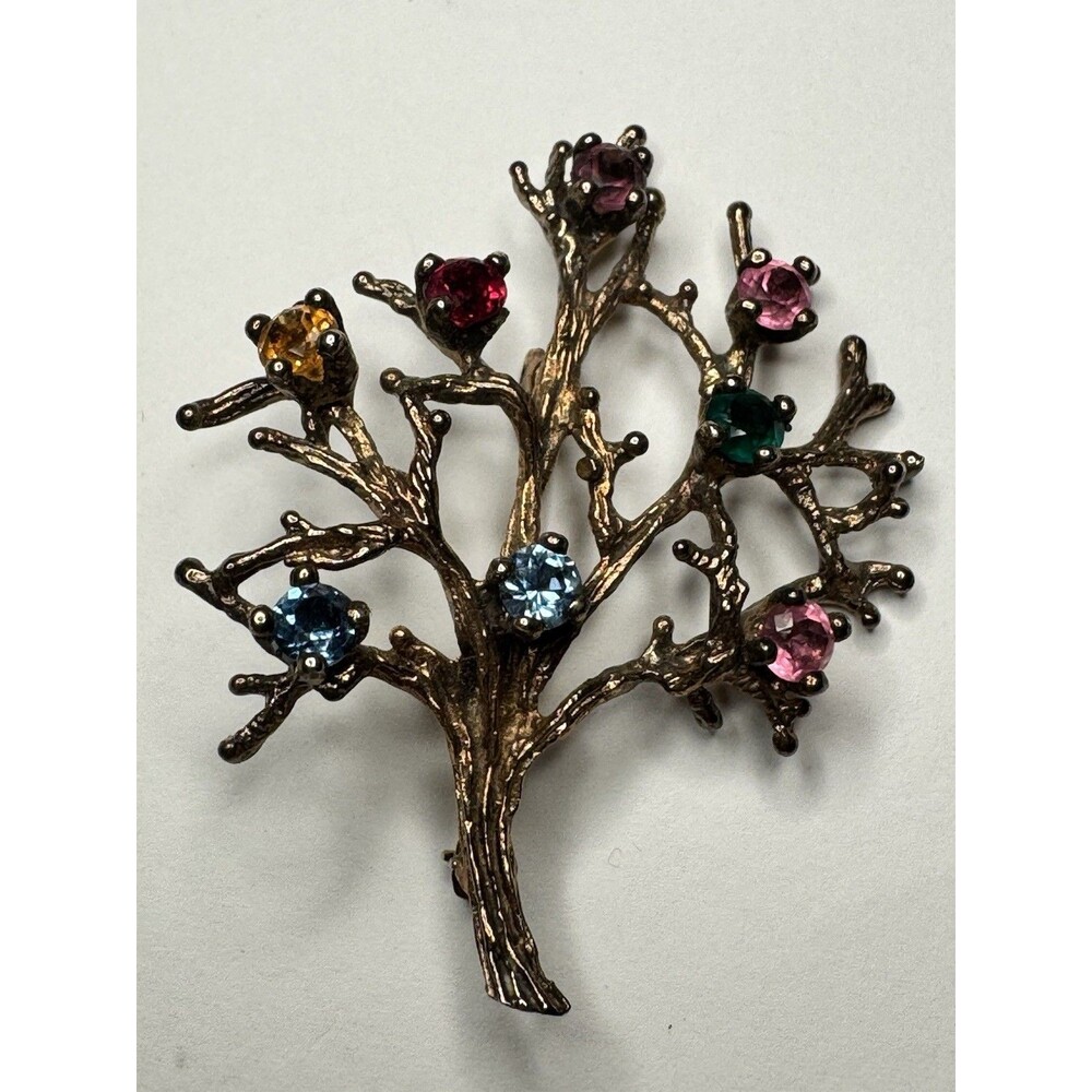 Vintage STER PC Sterling Silver Gold Tone Multicolor Rhinestone Tree Brooch